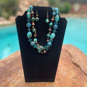 EUC Double Strand Turquoise and Brown Beaded Necklace and Earrings Set